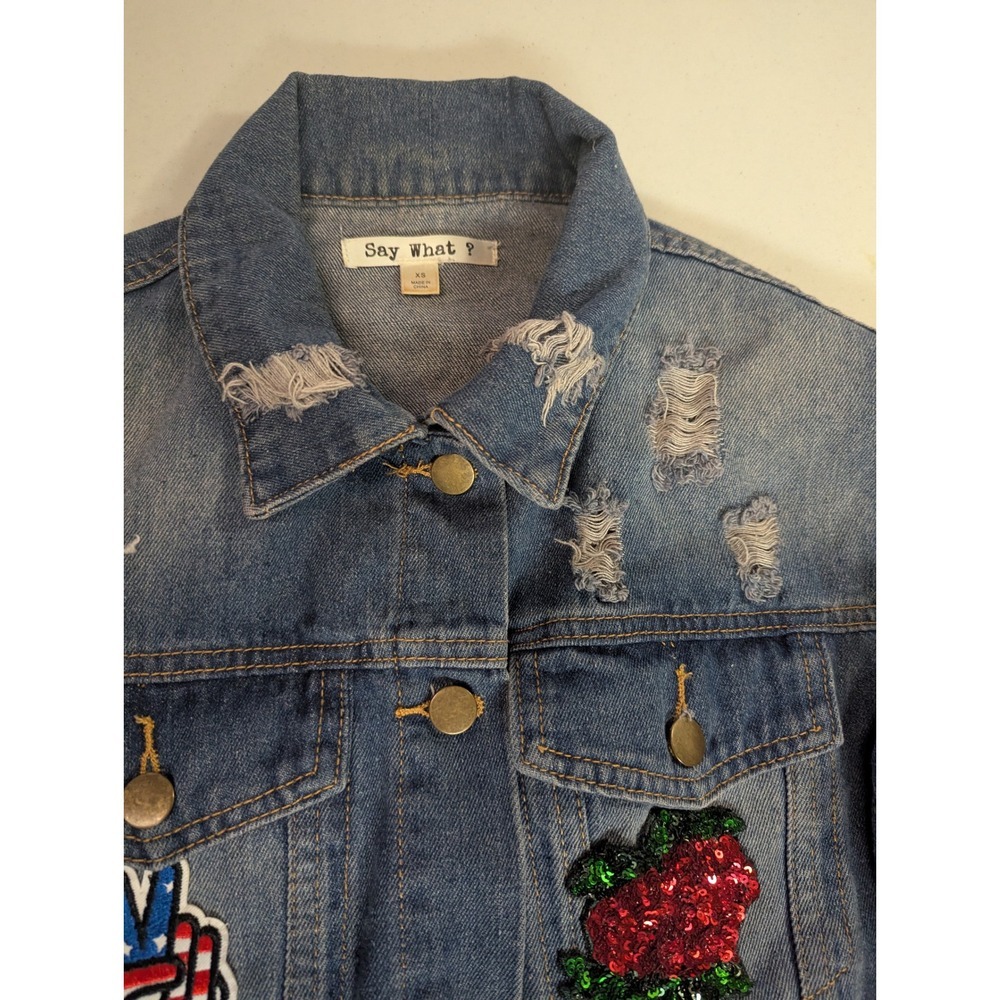 Say What? Oversized Denim Jacket XS Sequin Tiger Rose Patches Distressed Jean - Picture 12 of 16